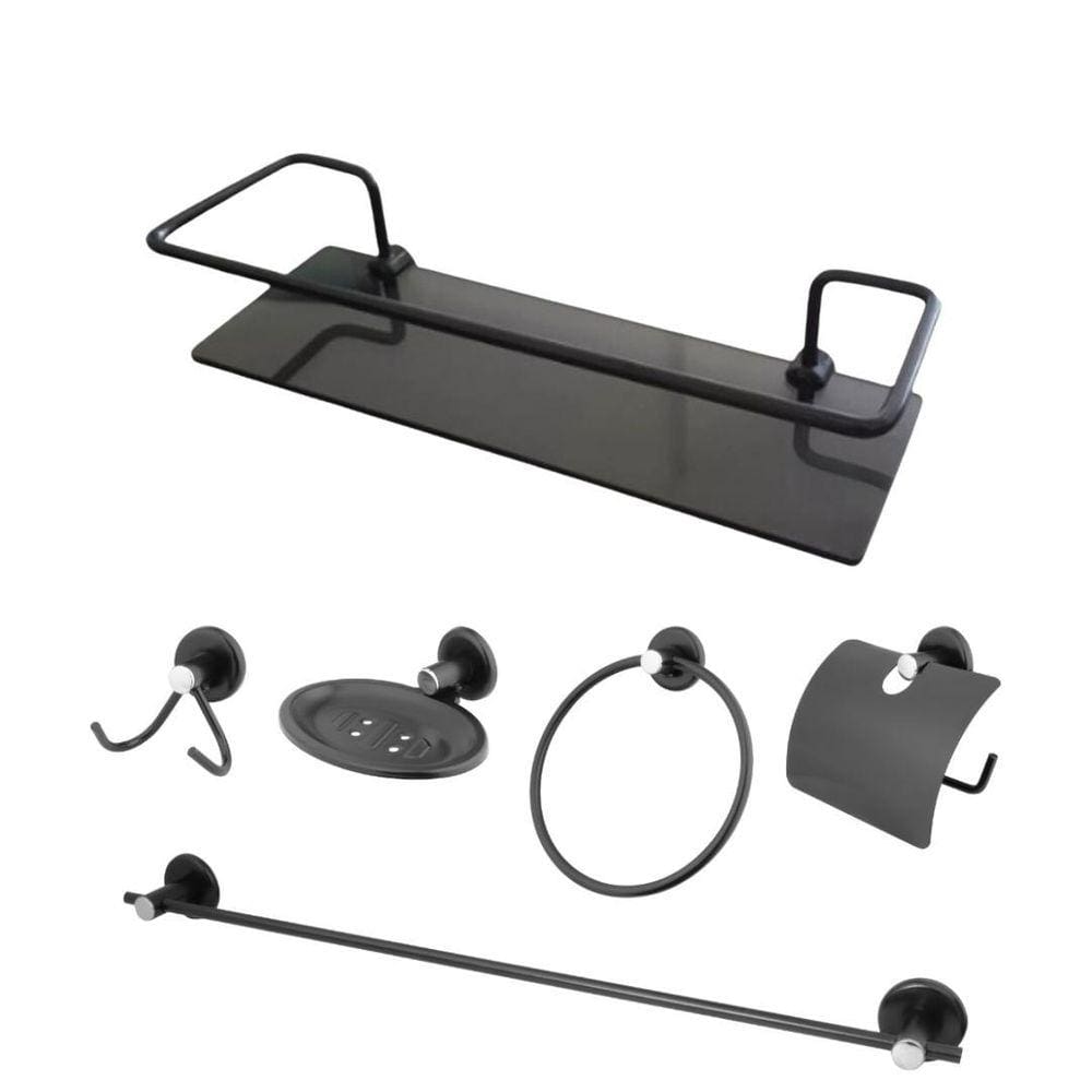 Kit Acessórios 6 Peças Aço Inox Com Porta Shampoo Reto Preto