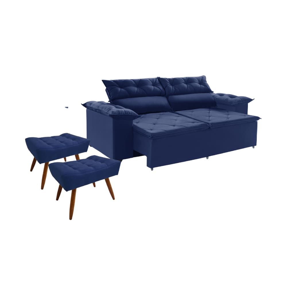 Conjunto Sofá Compact 2,00 m retrátil e reclinável com Molas Espirais e 2 Puffs Suede - Ws Estofados