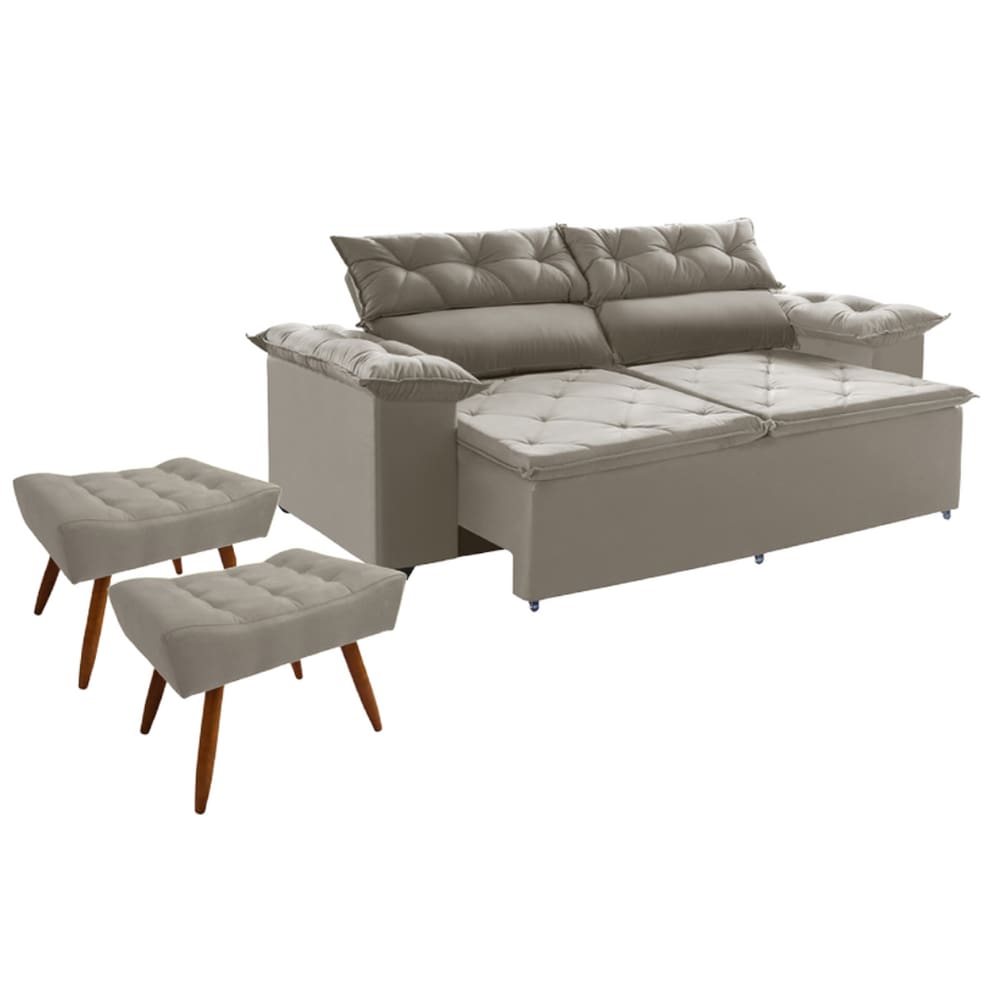 Conjunto Sofá Compact 2,00 m retrátil e reclinável com Molas Espirais e 2 Puffs Suede - Ws Estofados