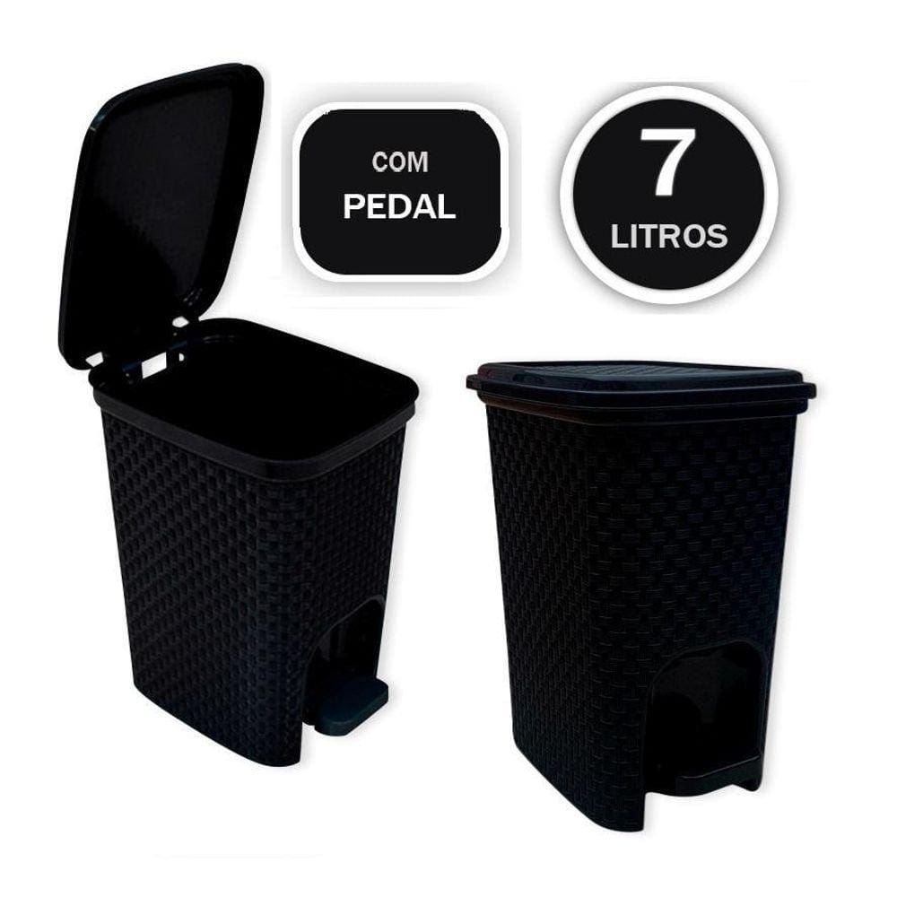 Lixeira Trama Rattan Com Pedal Preta Lixo Com 7 Litros