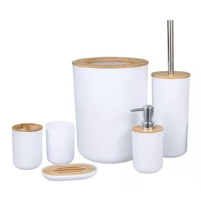 Kit Banheiro Bambu Lixeira Saboneteira 6 Peças Branco