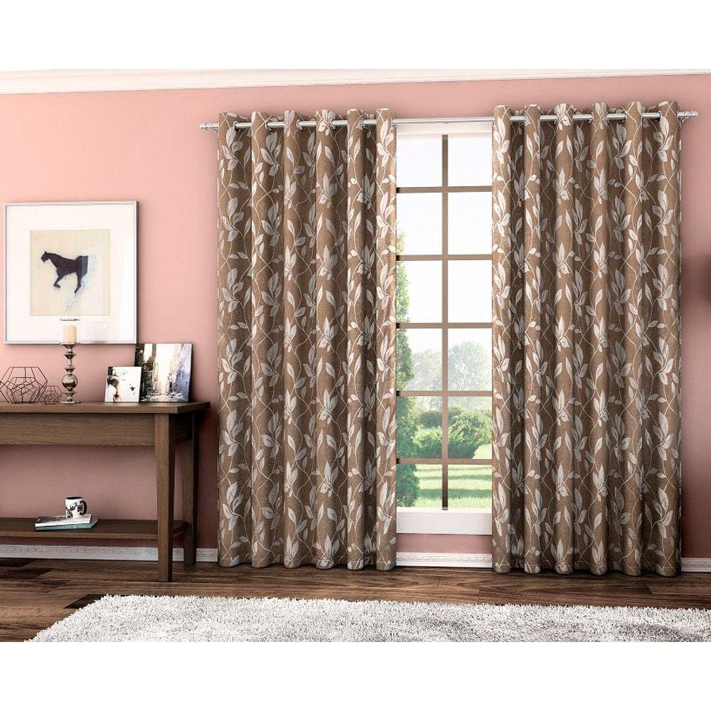 Cortina Blackout Folhas Jacquard Marrom 2,90m x 1,80m Adomes