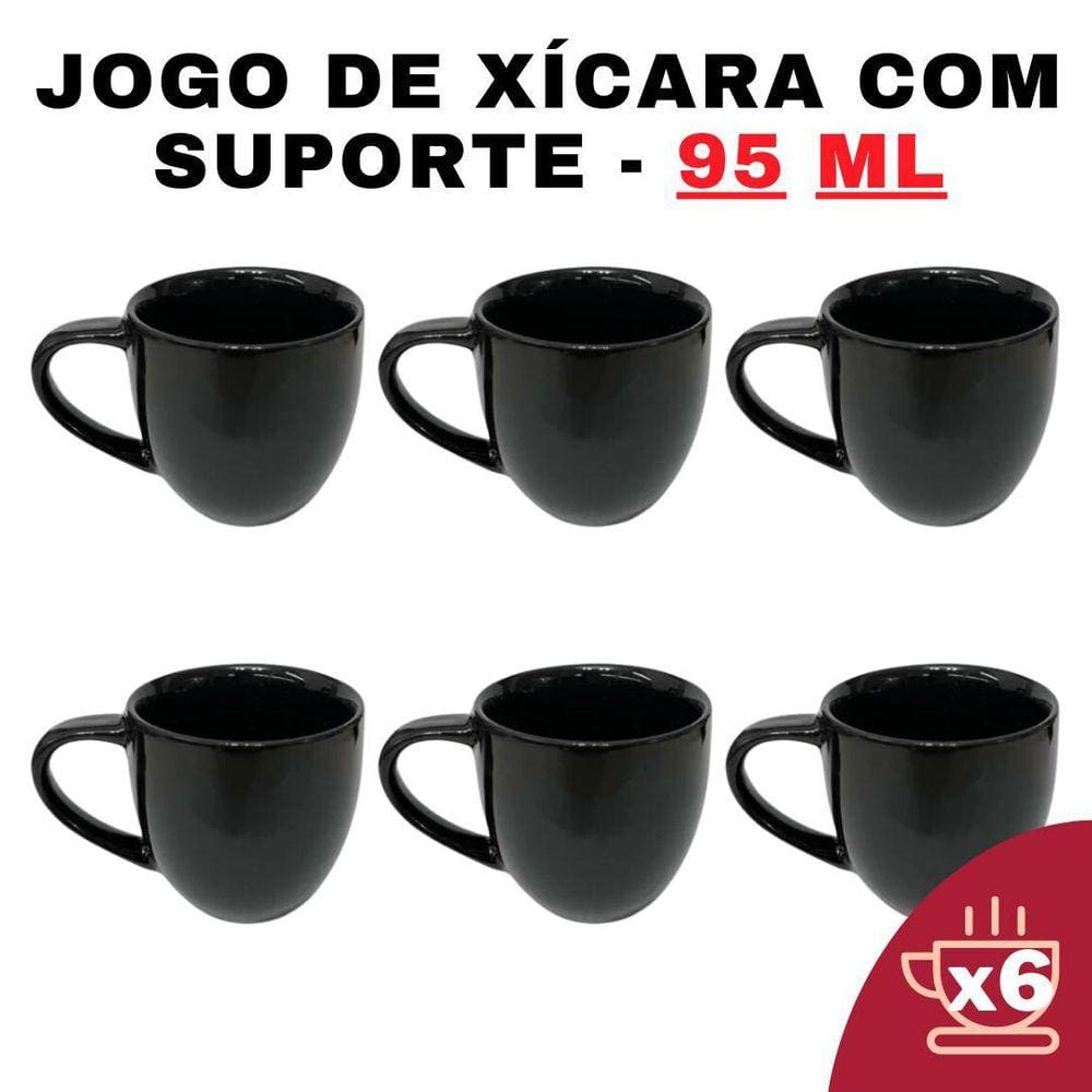 Kit 6 Xícaras Em Porcelana Preta 95Ml Jogo De Chá E Café
