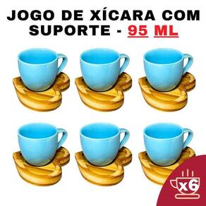 Kit Porta Xícara Coração Com Xícara Porcelana Azul 95Ml