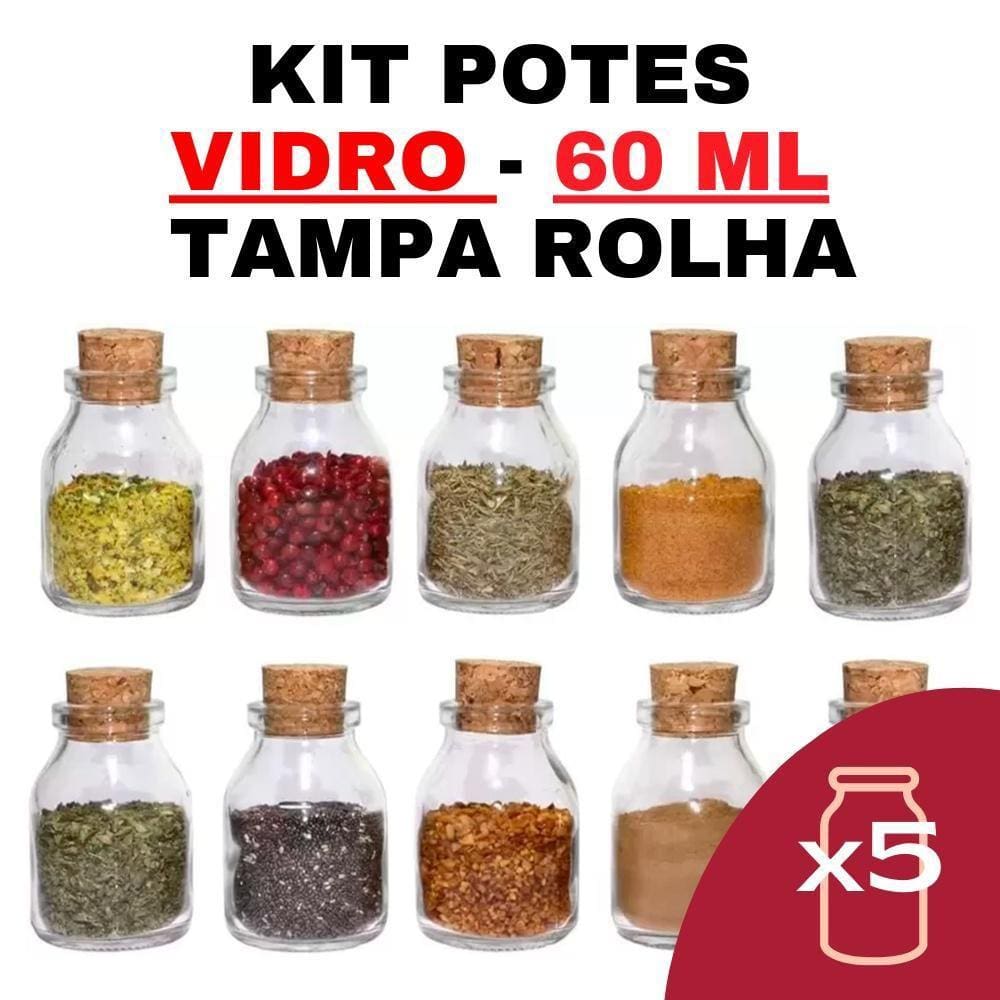 Kit 5 Potes De Vidro Com Rolha 60Ml - Porta Temperos