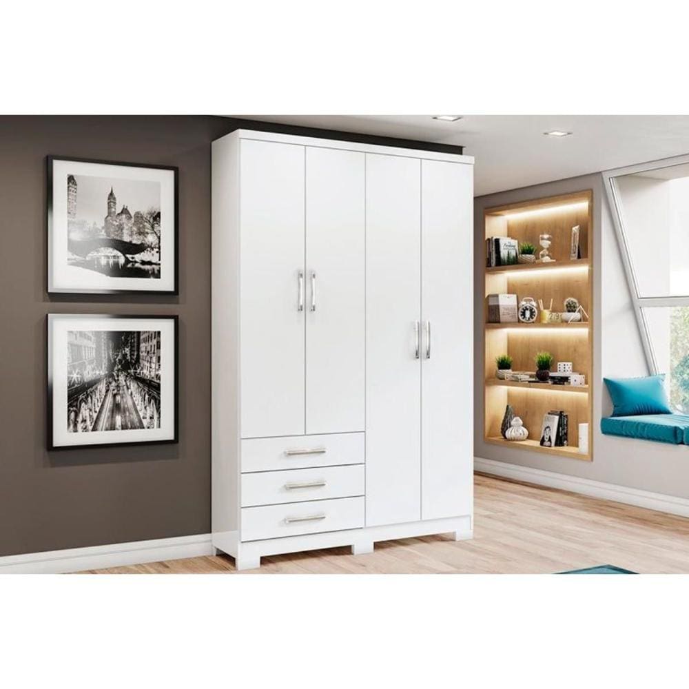 Guarda Roupa Solteiro 4 portas e 3 Gavetas c/ pés Caju DA135 Branco - Henn