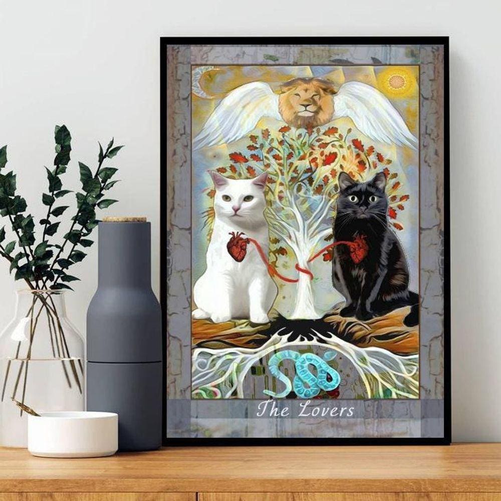 Quadro Carta Tarot Gato The Lovers 24X18Cm - Com Vidro