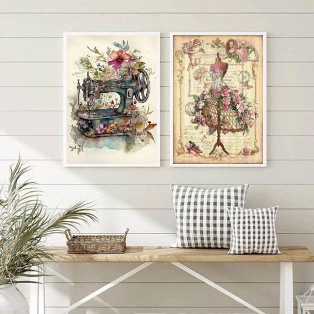Kit 2 Quadros Atelier Costura- Máquina Flores 33X24Cm Vidro