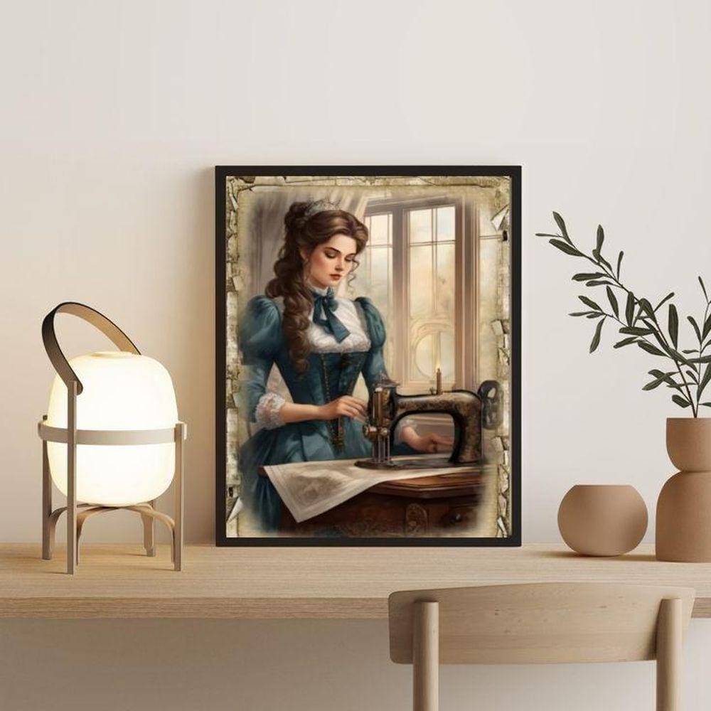 Quadro Decorativo Vintage Mulher Costurando 45X34Cm