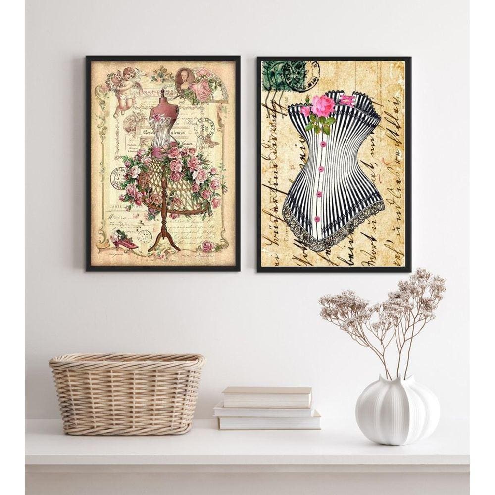 Kit 2 Quadros Moda Vintage- Vestido E Espartilho 45X34Cm