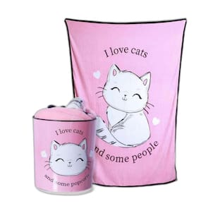 Kit Balde Pipoca+Manta I Love Cats Eu Amo Gatos Rosa