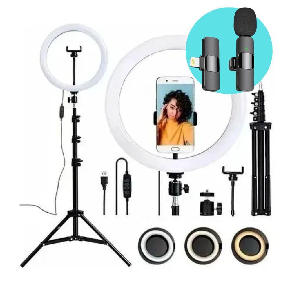 Ring Light 12 Polegadas tripé 2.1m suporte para celular encaixe articulado + Mic de Lapela IOS 