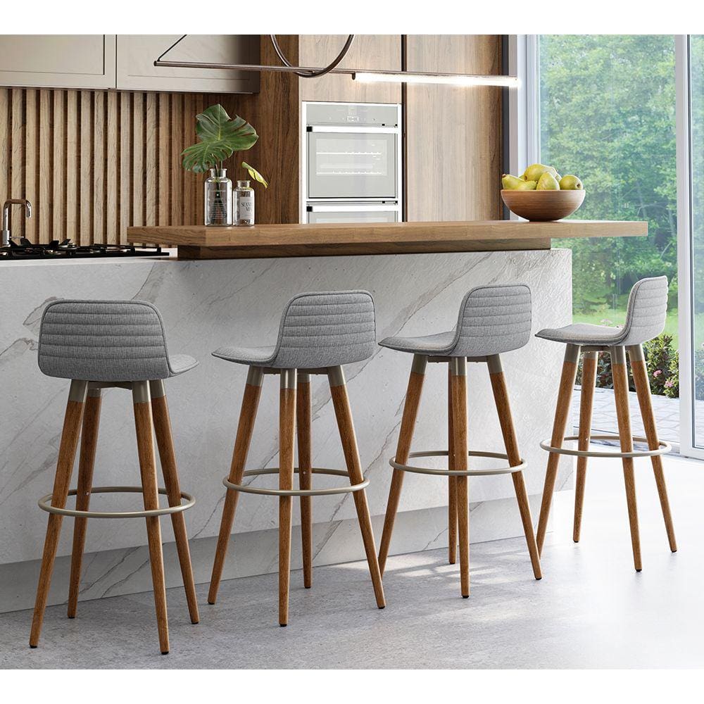 Kit 4 Banquetas Altas Luxo Versatil Aço Champanhe Linho Cinza Base Carvalho