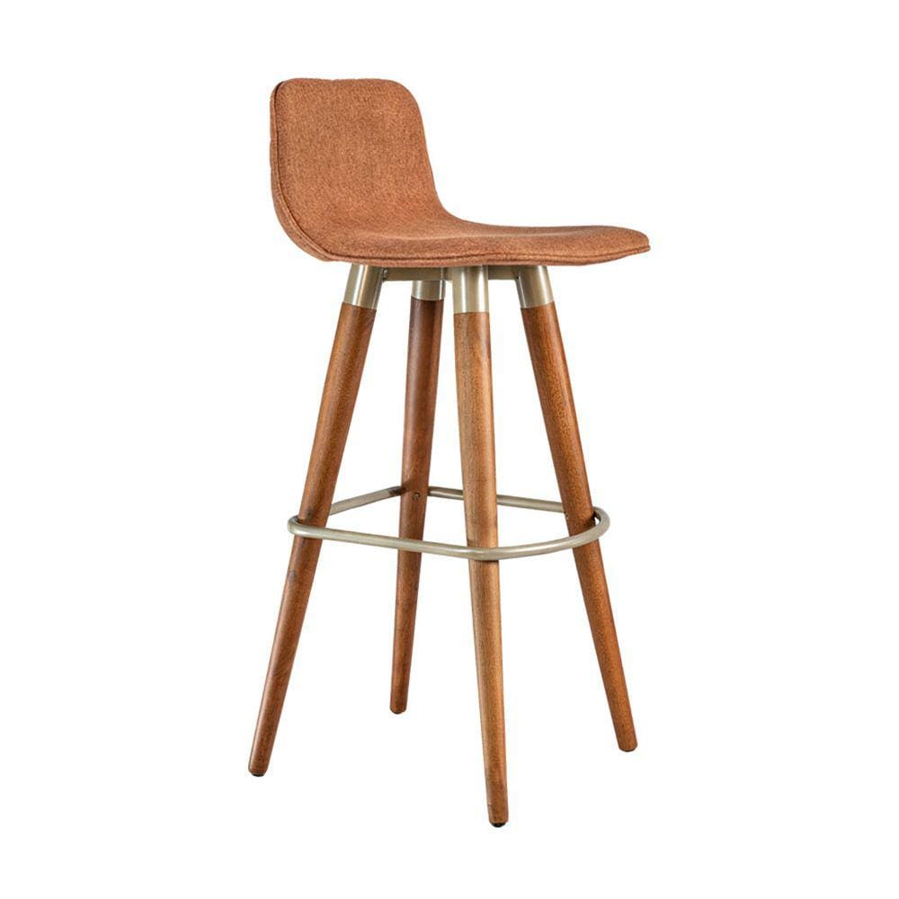 Banqueta Alta Luxo Linea Aço Champanhe Linho Terracota Base Carvalho 
