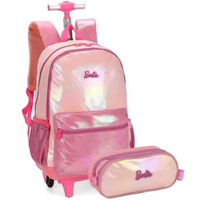 Mochila de Rodinhas Estojo Barbie Rosa Holográfico e Glitter
