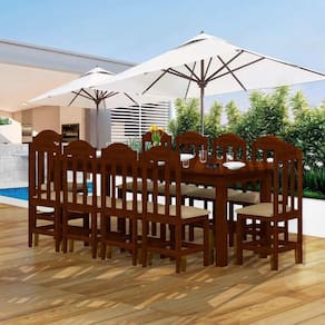 Mesa de Jantar com 10 Cadeiras Estofadas - Castanho