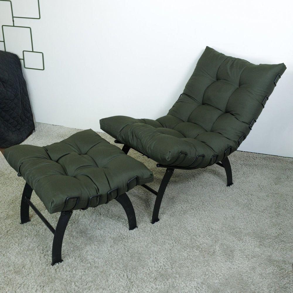 Poltrona Costela com Puff Preto/Verde Militar