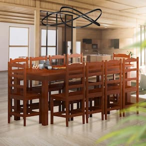 Conjunto de Mesa de Madeira Maciça com 10 Cadeiras - Castanho