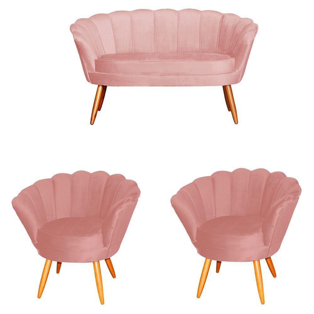 Kit Pétala Namoradeira e 2 Poltronas Decorativa Pés Palito Veludo Rose - LM DECOR