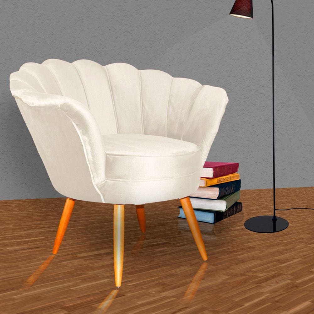 Poltrona Decorativa Estofada Para Quarto Closet Pétala Veludo Bege - LM DECOR
