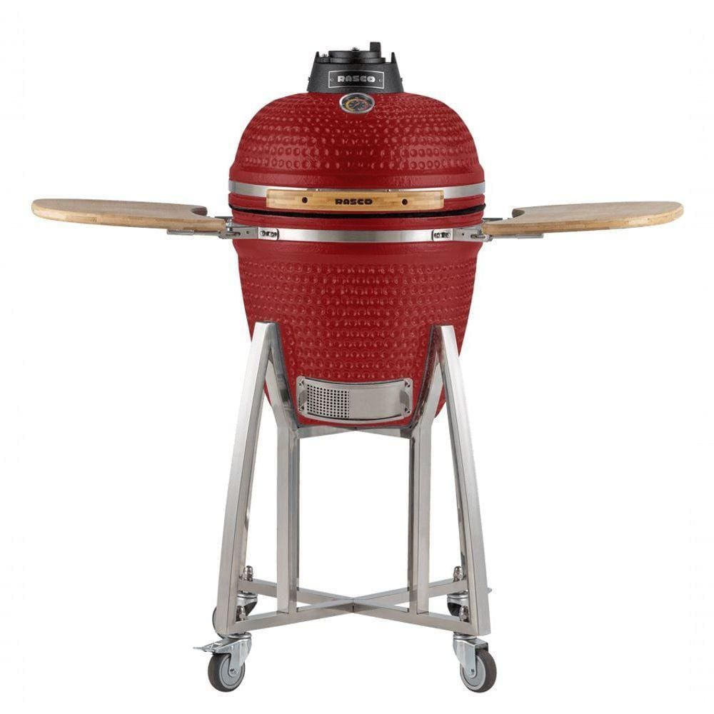 Churrasqueira Kamado Médio Rasco Vermelho C/ Grelha Aço Inox, Suporte E Mesas. Ideal P/ 8 Pessoas Vermelho
