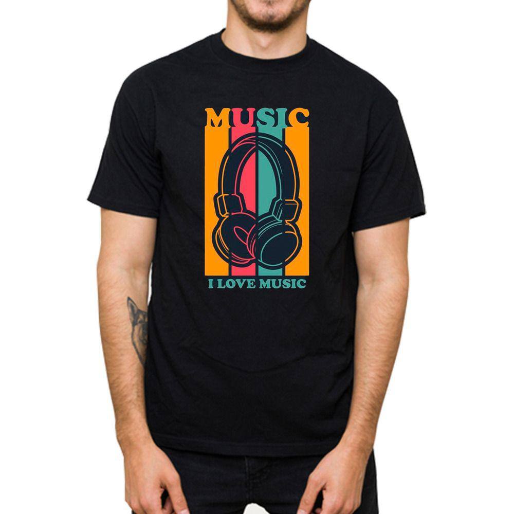 Camisa Camiseta Masculina Basica Estampa Fone de Ouvido I Love Music Gola Redonda