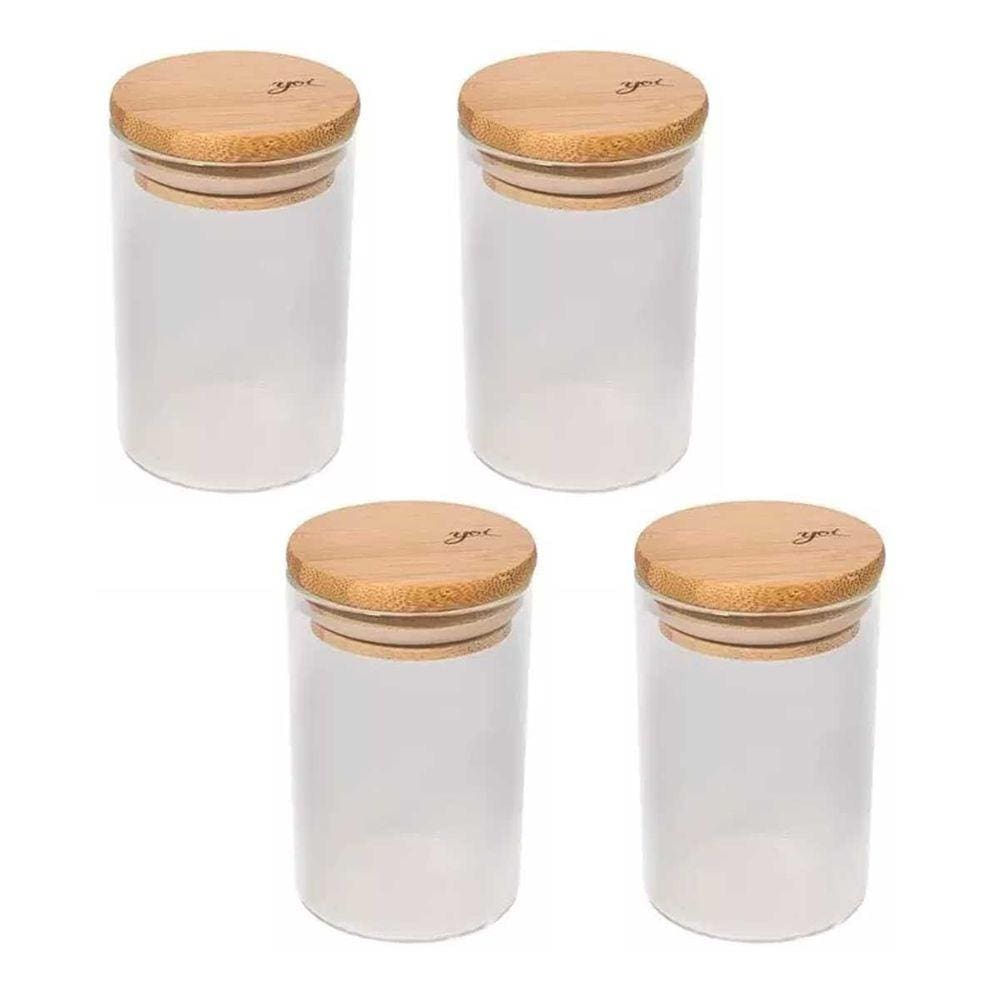 Kit 4 Porta Tempero de Vidro com Tampa Bambu Vika 200ml - Yoi