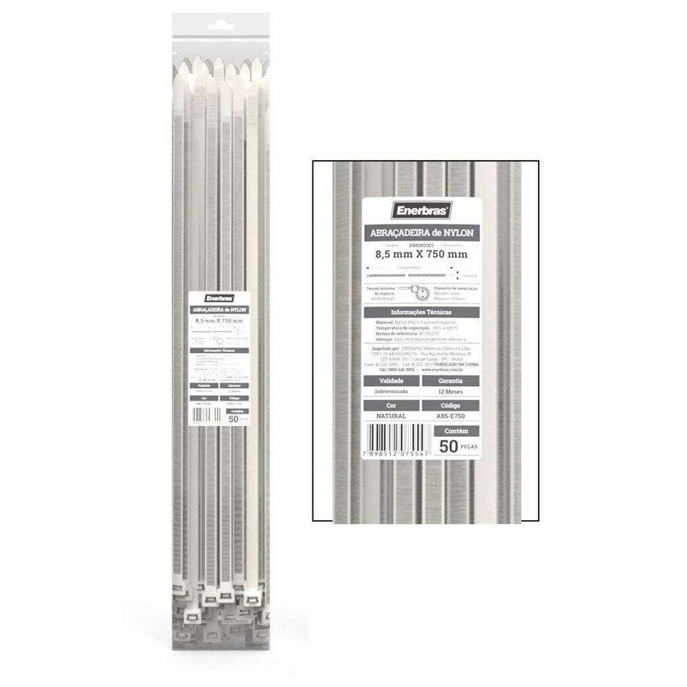Abraçadeira De Nylon 8,5Mm X 750Mm Branco 50 Peças Enerbras