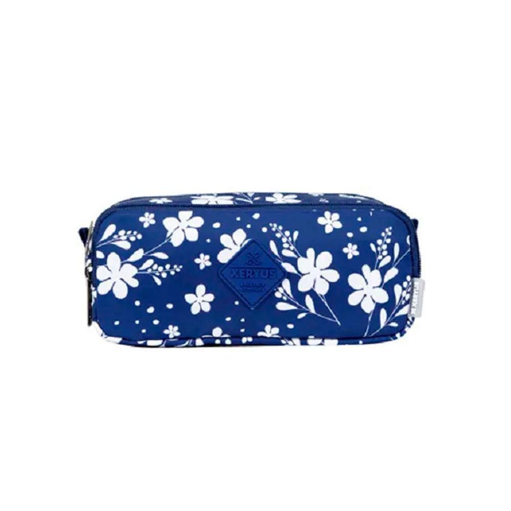 Estojo 2 Divisórias Lifestyle Azul Flores Brancas Xeryus