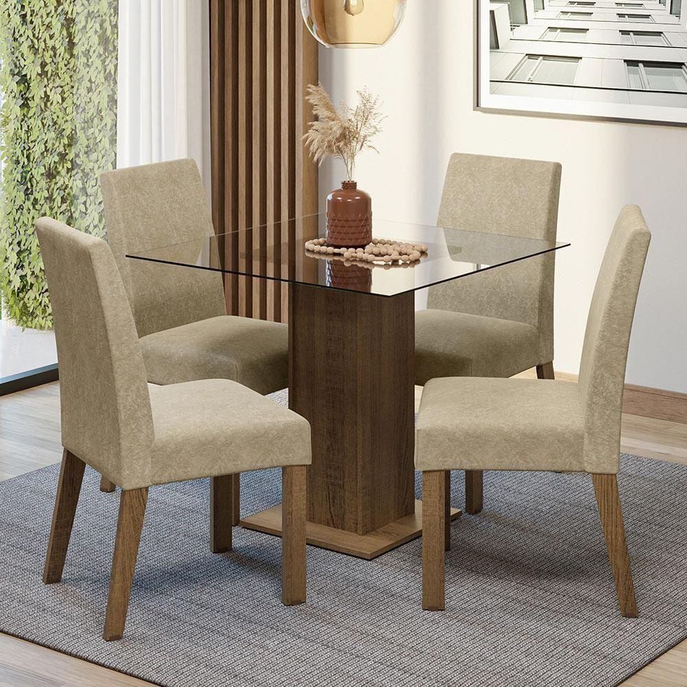 Conjunto Sala de Jantar Mesa Tampo de Vidro 4 Cadeiras Rustic/Imperial Ivy Madesa