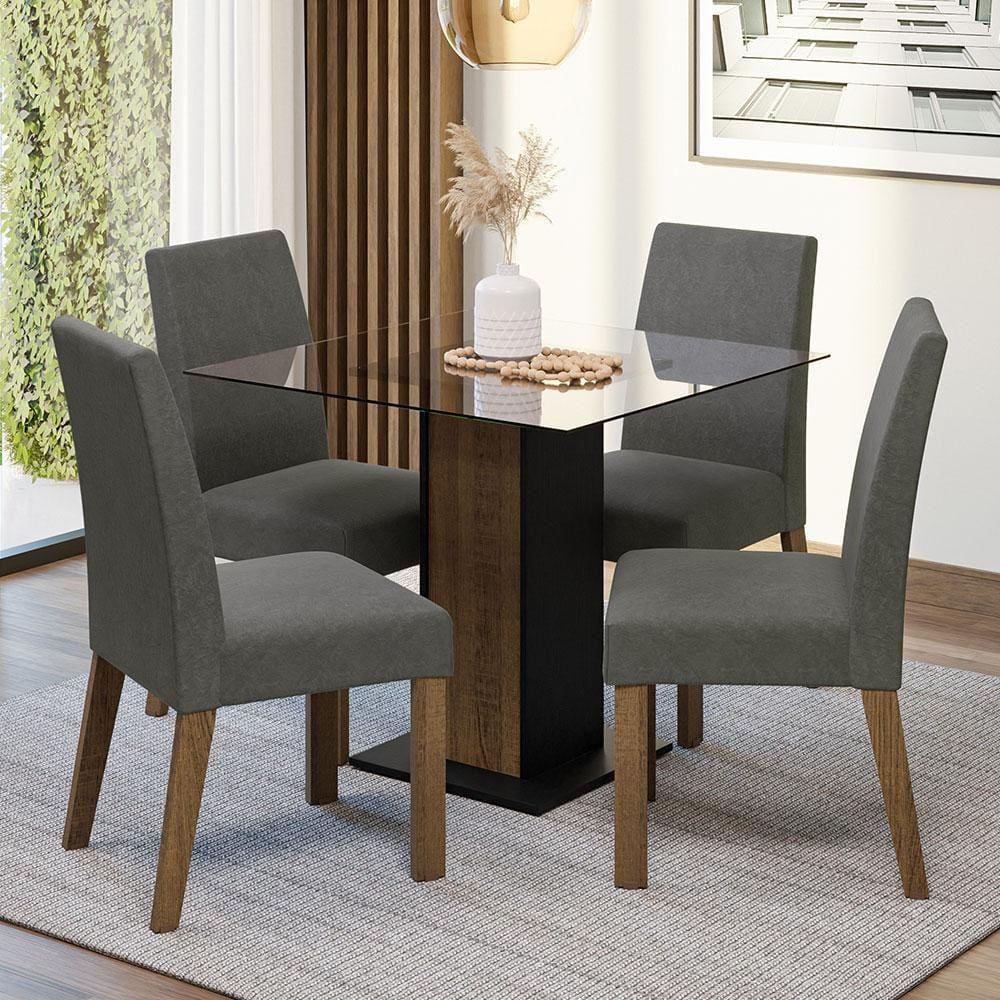 Conjunto Sala de Jantar Mesa Tampo de Vidro 4 Cadeiras Rustic/Preto/Silver Ivy Madesa