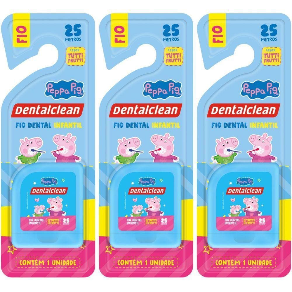 3 Fio Dental Infantil - Peppa Pig - 25m - Azul - Dentalclean