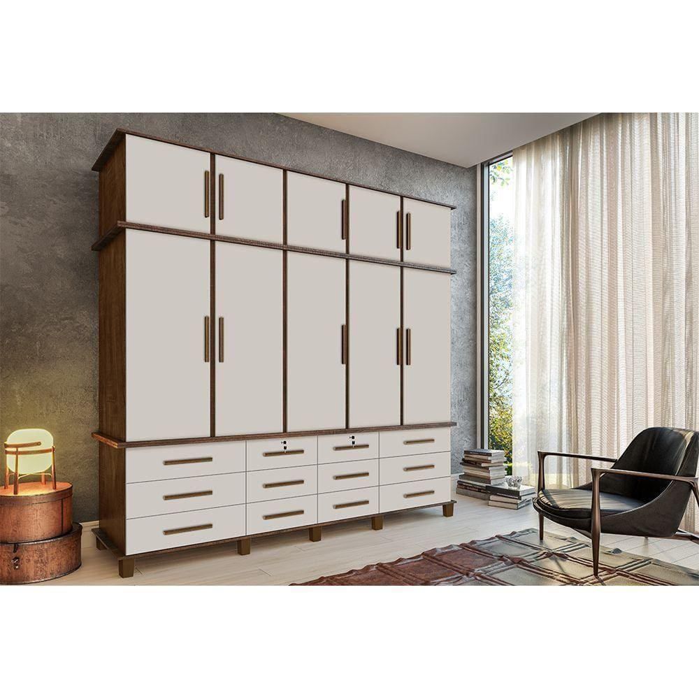 Guarda Roupa Casal Rústico 5 Portas 12 Gavetas Malbec Off White Berlim