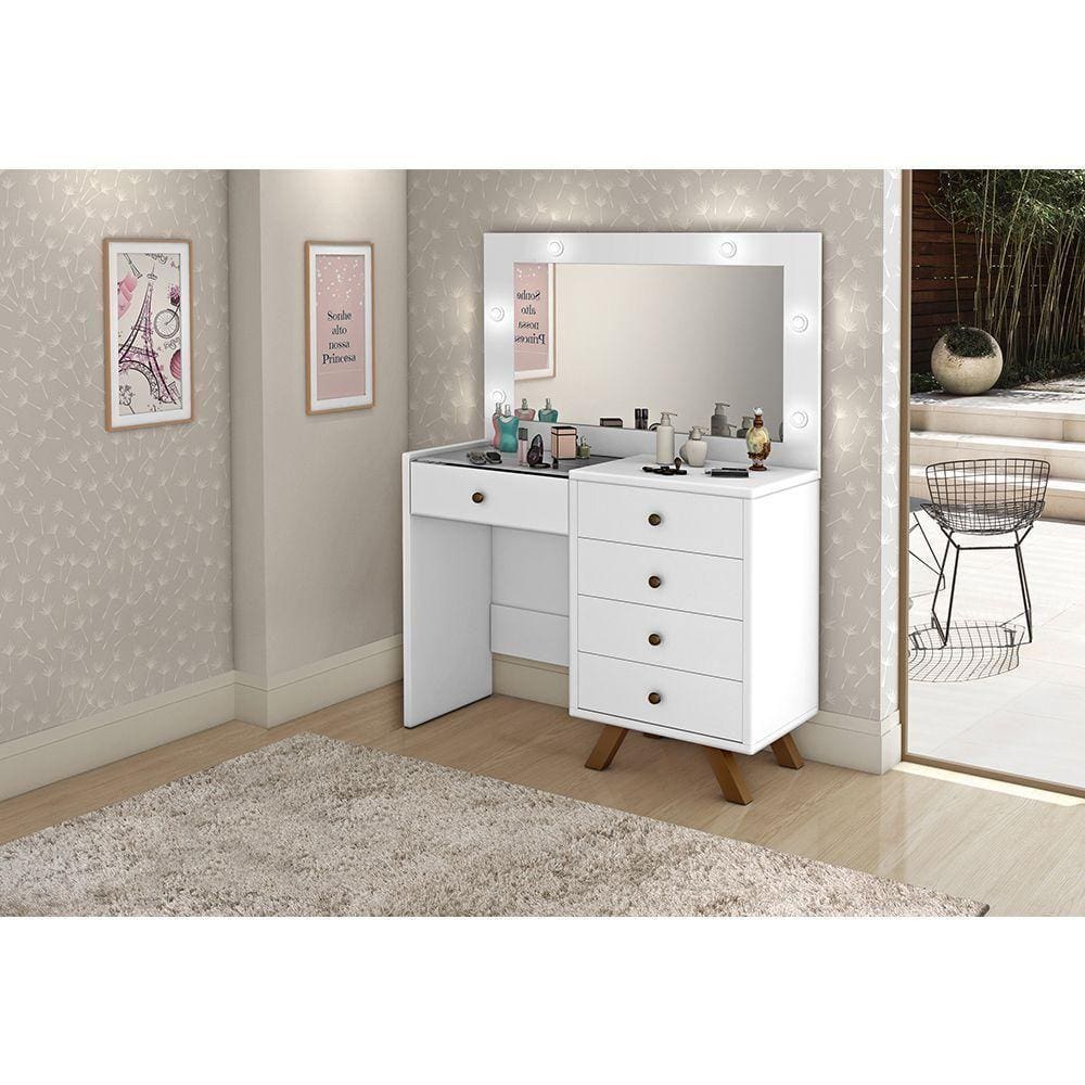 Penteadeira Luna Camarim Com 4 Gavetas E Porta Joias E Maquiagem Com Tampo De Vidro - Branco