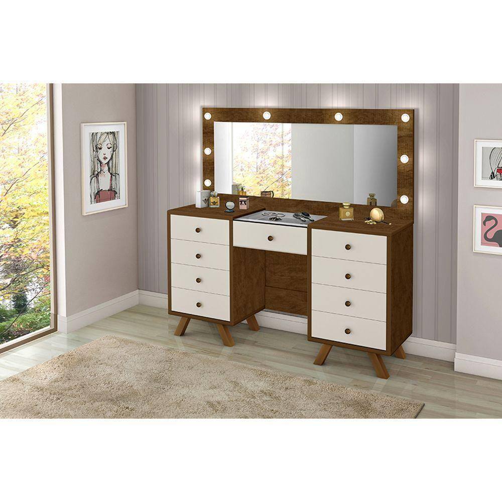 Penteadeira Premium Camarim Grande Mila Com 8 Gavetas E Luzes Led Com Espelho Off White -Cor:Branco