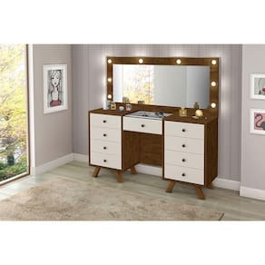 Penteadeira Premium Camarim Grande Mila Com 8 Gavetas E Luzes Led Com Espelho Off White -Cor:Branco
