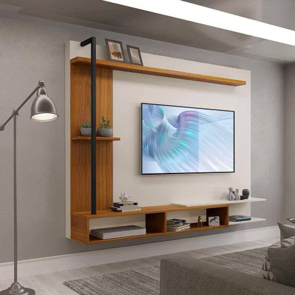 Painel Onix Para Tv Até 65 Polegadas Com Nicho E Prateleira -Carvalho New/off Whi -Cor:Bege
