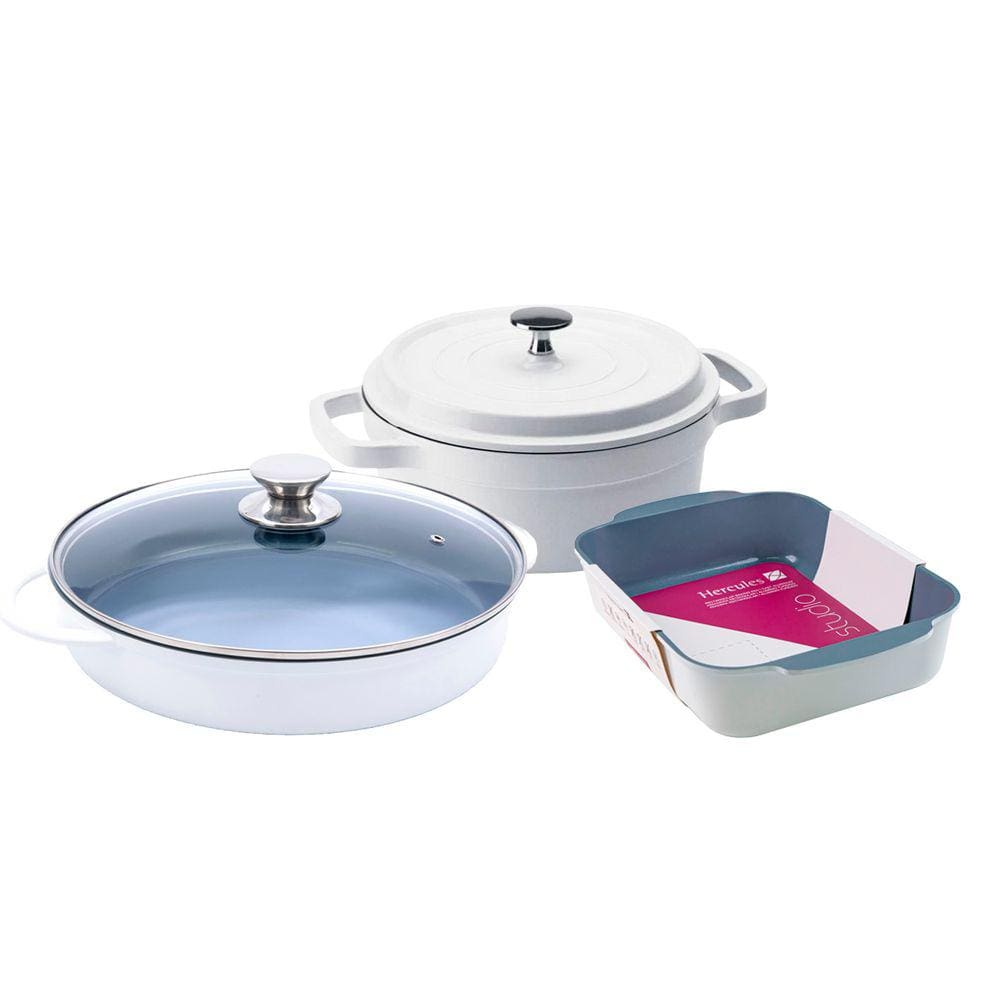 Kit Caçarolas Com Assadeira Hercules Antiaderente Ceramico Branca Pequena PA9000