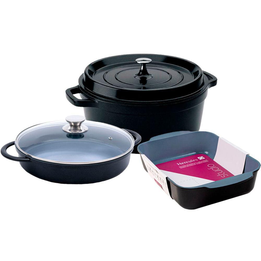 Kit Caçarolas Com Assadeira Hercules Antiaderente Ceramico Preta Grande PA9000