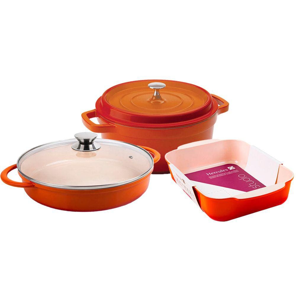 Kit Caçarolas Com Assadeira Hercules Antiaderente Ceramico Laranja Média PA9000