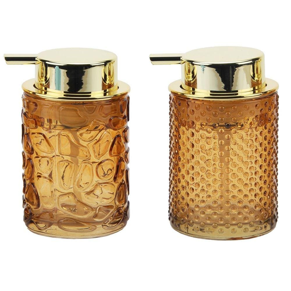 Jogo Lavabo 2 Porta Sabonete Líquido Vidro Relevo Âmbar Gold Luxo 260ml - Tuut