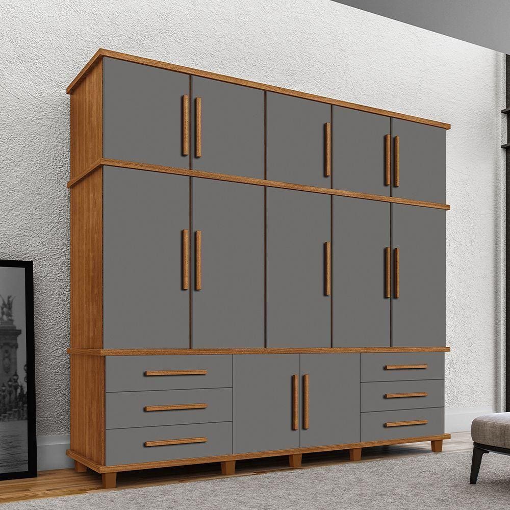 Guarda Roupa Londres 5 Portas 6 Gavetas Com Sapateira - Carvalho New/cinza - Cor: Bege
