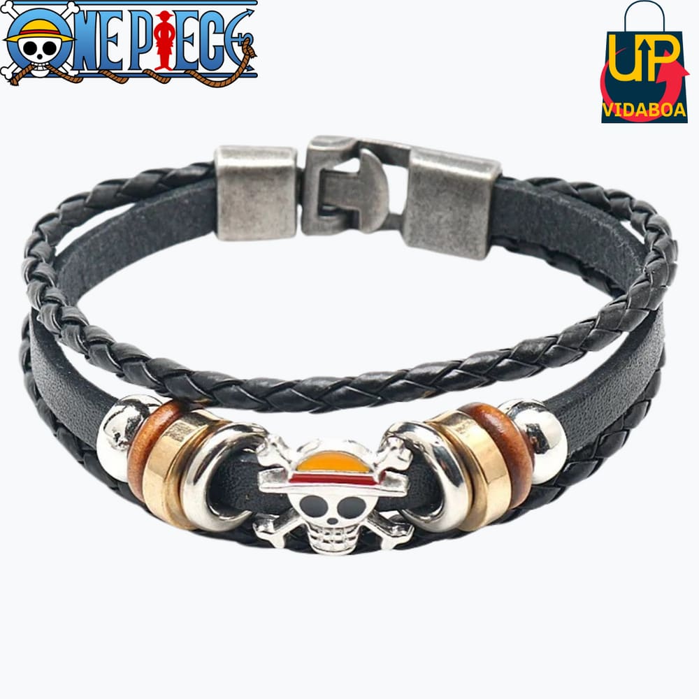 Pulseira De Couro Preto Trançado - One Piece - Caveira do Luffy