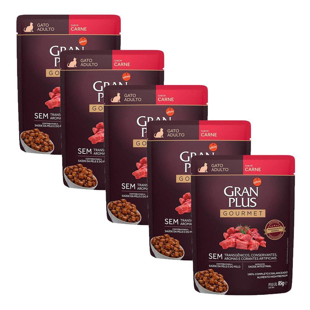 KIT 5 Ração Úmida Gran Plus Gourmet Gatos Adultos Carne Sachê 85g