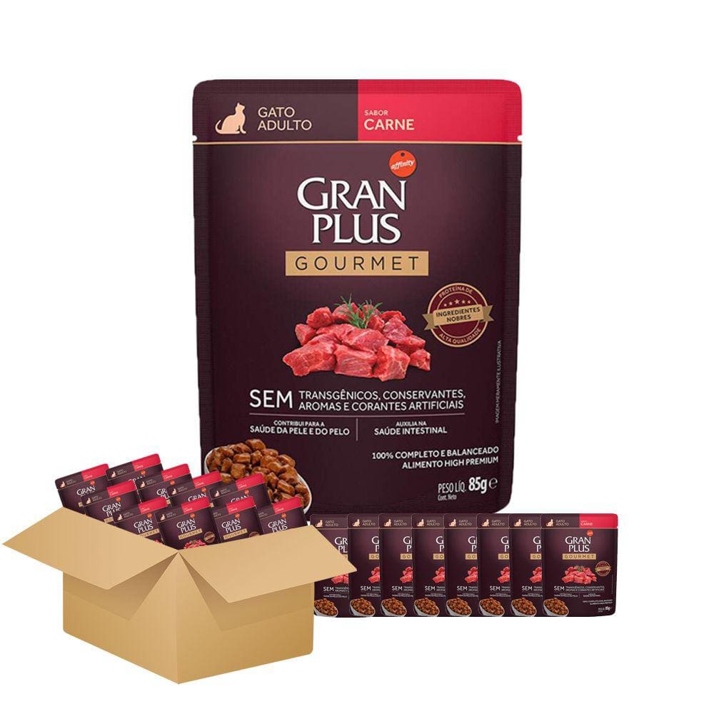 Pack com 18 Unidades Ração Úmida Gran Plus Gourmet Gatos Adultos Carne Sachê 85g