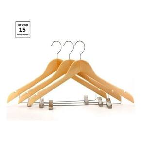 Kit 15X Cabides De Madeira Com Presilha Verniz Marfim Roupa