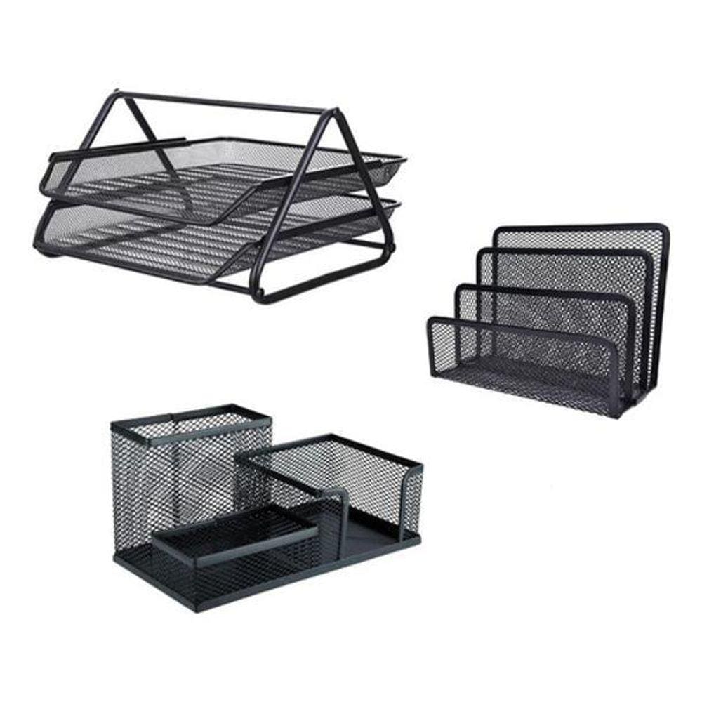 Kit 3 Organizadores De Escritório Metal Aramado Preto