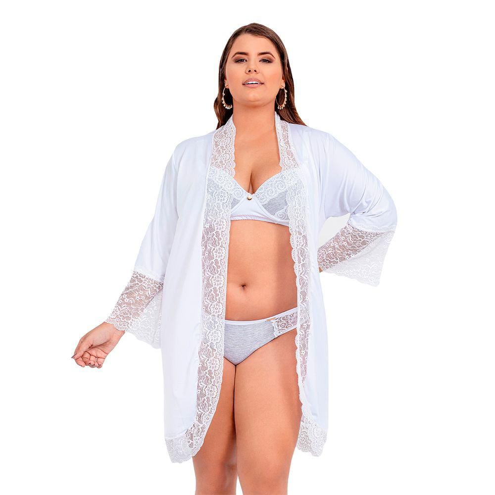 Robe Manga Longa Microfibra Renda Luxo Plus Size Florallys Branco