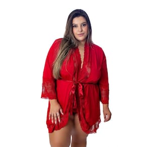 Robe Manga Longa Microfibra Renda Luxo  Plus Size Florallys Vermelho