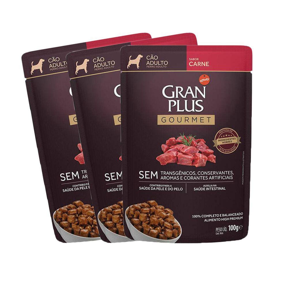 KIT 3 Ração Úmida Gran Plus Gourmet Cães Adultos Carne 100g